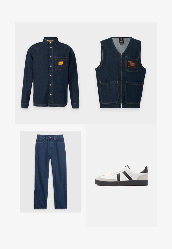 Dunkelblaue Jeansweste mit Frontreißverschluss, drei aufgesetzten Taschen und orangefarbenem Dickies-Logo-Patch auf der linken Brusttasche.; Dunkelblaue Denim-Hemd mit Button-Down-Kragen, orangefarbener Etikett auf der Brusttasche und weißen Knöpfen. Weiche Textur mit Kontrastnähte.; Dunkelblaue Jeans aus Denim im geraden Schnitt, mit Fünf-Taschen-Design, Knopfverschluss und Kupfernieten.; Weiße Sneaker mit schwarz- und grau-aczenten, ausgestattet mit einer strukturierten grauen Zehenkappe, schwarzer Gummi-Sohle und flachen weißen Schnürsenkeln. Sauberes Design, minimalistische Stil.