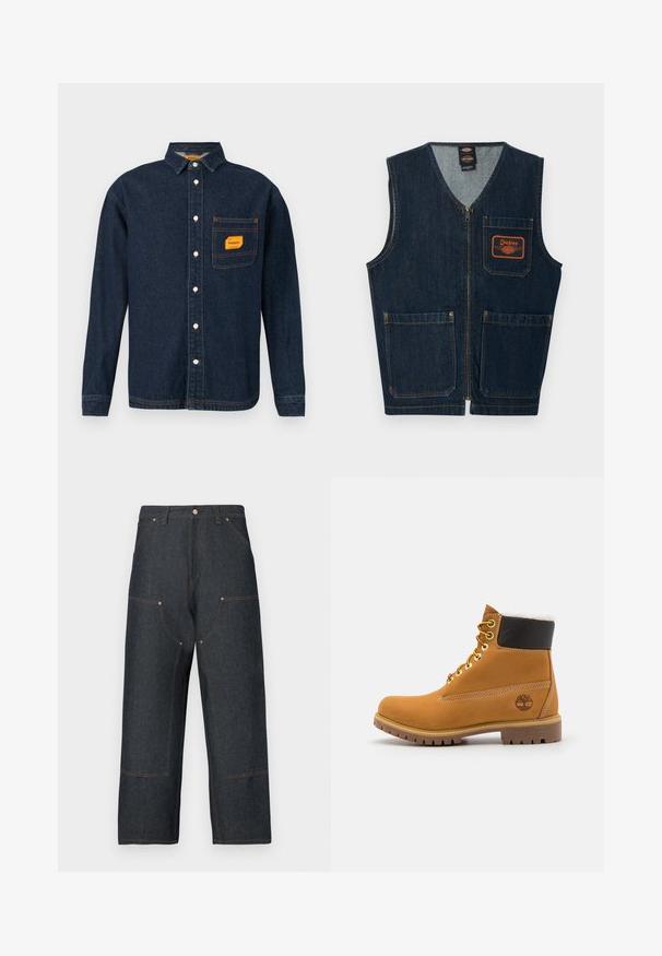 Donkerblauw denimvest met een rits aan de voorkant, drie zakken met klep en een oranje Dickies-logo op de linkerborstzak.; Donkerblauwe denim shirt met button-down kraag, oranje label op de borstzak en witte knopen. Zachte textuur met contrasterende stikseldetails.; Donkerblauwe spijkerbroek met een brede pijp, voorzien van contrasterende oranje stiksels, voorzakken en een klassieke knoopsluiting.; Bruine leren enkellaars met metalen oogjes, witte faux bont voering, zwarte gewatteerde kraag, robuuste zool en een reliëflogo aan de zijkant.
