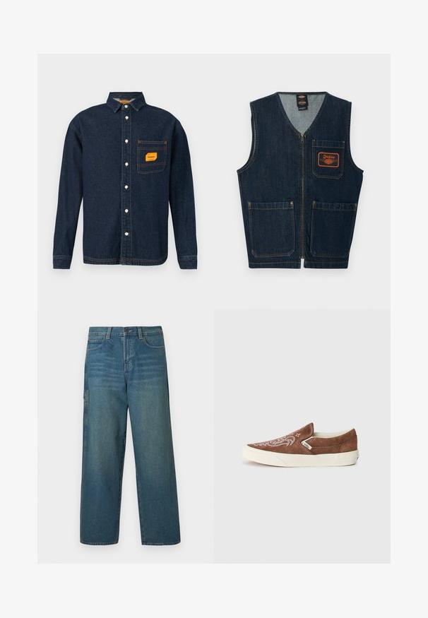 Donkerblauw denimvest met een rits aan de voorkant, drie zakken met klep en een oranje Dickies-logo op de linkerborstzak.; Donkerblauwe denim shirt met button-down kraag, oranje label op de borstzak en witte knopen. Zachte textuur met contrasterende stikseldetails.; Denim jeans in middelblauw met een losse pasvorm, rechte pijpen en een klassiek ontwerp met vijf zakken. Voorzien van riemlussen en een knoopsluiting.; Vans CLASSIC SLIP ON UNISEX - Sneakers laag - potting soil/marshmallow