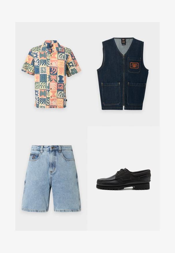 Veste en denim bleu foncé avec fermeture éclair frontale, trois poches aplaties et écusson logo Dickies orange sur la poche poitrine gauche.; Chemise à manches courtes avec boutons, motifs abstraits multicolores de feuilles et de soleil disposés en quadrillage sur un tissu clair.; Short en denim bleu clair avec passants de ceinture, bouton frontal, fermeture éclair, cinq poches et petite broderie de fleurs noires et blanches sur la poche avant.; Chaussure noire avec un dessus en cuir, des accents textiles, des lacets ronds et une semelle en caoutchouc texturé. Présente des coutures mocassins et des détails de marque.