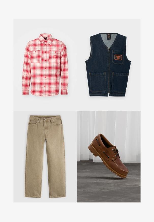Chaleco vaquero azul oscuro con cremallera frontal, tres bolsillos de parche y parche con el logo naranja de Dickies en el bolsillo del pecho izquierdo.; Camisa de franela a cuadros rojos y blancos con mangas largas, cierre de botones en la parte delantera, dos bolsillos en el pecho y una etiqueta en la parte izquierda. Textura suave.; Vaqueros beige de pierna recta con bolsillos delanteros, trabillas para cinturón, cierre con botón y costuras visibles sobre fondo gris claro.; Zapato náutico de cuero marrón con cordones negros, costuras beige y una suela resistente, suspendido sobre un suelo de hormigón gris.