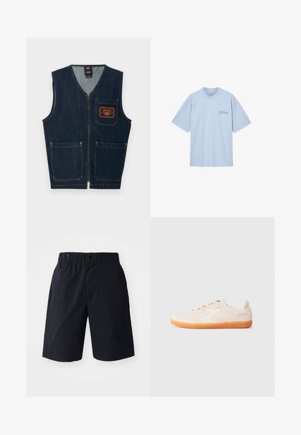Dunkelblaue Jeansweste mit Frontreißverschluss, drei aufgesetzten Taschen und orangefarbenem Dickies-Logo-Patch auf der linken Brusttasche.; Hellblaues T-Shirt mit kurzen Ärmeln und Rundhalsausschnitt mit dem Schriftzug „AllSaints“ auf der linken Brust, vor weißem Hintergrund dargestellt.; Schwarze Shorts aus leichtem Material, mit flachem Frontdesign, elastischem Bund und seitlichen Taschen. Einfaches Design ohne Muster.; Helle beige Sportschuhe mit Obermaterial aus Wildleder, weißen Akzenten und einer orangen Gummisohle. Sie verfügen über ein Schnürdesign und ein Logo an der Seite.