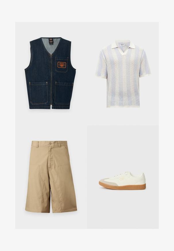 Veste en denim bleu foncé avec fermeture éclair frontale, trois poches aplaties et écusson logo Dickies orange sur la poche poitrine gauche.; Polo blanc en maille pour homme à manches courtes avec col ouvert et motif en mesh texturé, label Hollister, taille M.; Shorts kaki à coupe droite, confectionnés dans un tissu léger, dotés de deux poches avant et d'une fermeture par bouton à la taille.; Baskets en cuir blanc avec une coque beige et une semelle en caoutchouc marron clair. Dotées de lacets blancs plats et d'un logo embossé sur le côté.