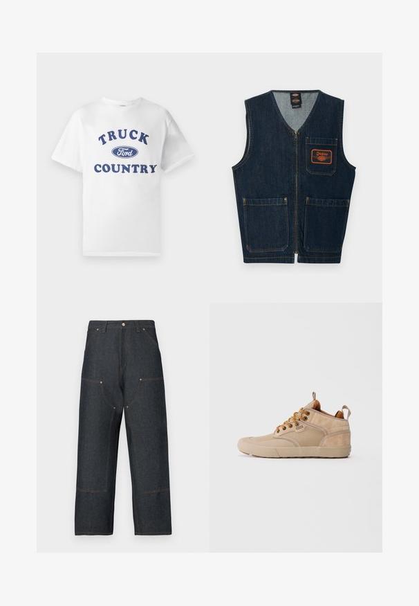Chaleco vaquero azul oscuro con cremallera frontal, tres bolsillos de parche y parche con el logo naranja de Dickies en el bolsillo del pecho izquierdo.; Camiseta de algodón blanca con texto impreso en azul "TRUCK COUNTRY" y un logo ovalado en azul de "Ford" en el centro. Mangas cortas y cuello redondo.; Vaqueros de mezclilla azul oscuro con diseño de pierna ancha, que presentan costuras contrastantes en color naranja, bolsillos delanteros y un cierre clásico de botón.; Zapatillas de medio caña de ante beige y lona con cordones marrones, tiradores y suela de goma, con la marca "Globe" en el lateral.