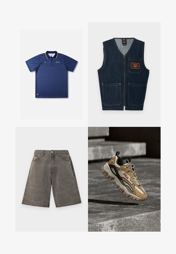 Veste en denim bleu foncé avec fermeture éclair frontale, trois poches aplaties et écusson logo Dickies orange sur la poche poitrine gauche.; Polo à manches courtes en tartan bleu marine avec un col à demi-fermeture éclair, des accents jaunes, et des logos brodés sur la poitrine ; texture de tissu lisse.; Shorts en denim gris délavé à taille haute, avec poches avant, passants pour ceinture, fermeture par bouton et texture subtilement froissée.; Baskets FILA épaisses avec des panneaux beige, marron et marron clair, semelle épaisse et robuste, lacets à motif et languettes de traction, suspendues au-dessus de marches en béton texturé.
