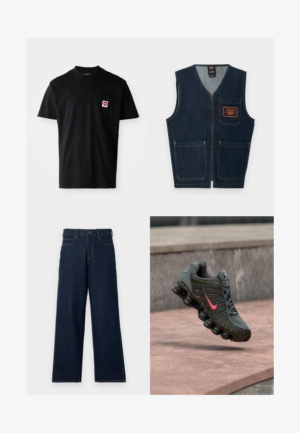 Tmavomodrá rifľová vesta s predným zipsom, tromi našitými vreckami a oranžovou nášivkou s logom Dickies na ľavom hrudnom vrecku.; Čierne bavlnené tričko s okrúhlym výstrihom, krátkymi rukávmi a ľavým vreckom na hrudi, na ktorom sa nachádza červená srdcová nášivka s bielym textom.; Tmavomodré džínsy so širokými nohavicami z denimu, s vysokým pásom, pútkami na opasok, prednými vreckami a kontrastnými švami.; Tmavosivá bežecká obuv Nike s červeným logom Swoosh a členitou odpruženou podrážkou visí nad kamennými schodmi.