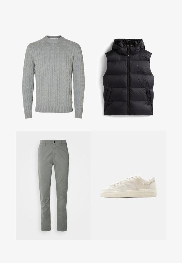 Veste noire matelassée sans manches avec capuche, fermeture éclair avant et poches latérales, avec un petit logo brodé sur la poitrine.; Pull en tricot gris clair avec un motif torsadé, col rond et poignets et ourlet côtelés. Confectionné en tissu doux et texturé.; BOSS CHINO TAPERED - Chino - open grey; Baskets basses blanches avec fermeture à lacets, tige en tissu texturé et semelle épaisse en caoutchouc, vues de côté extérieur sur un fond uni.
