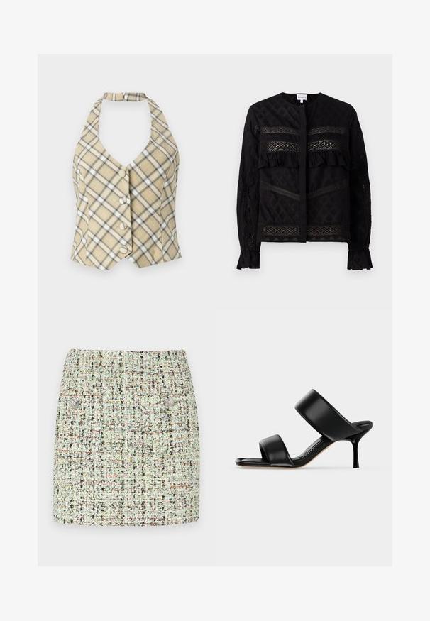 Top halter de cuadros en beige con acentos en negro y blanco, que presenta un escote en V profundo y cinco botones en el frente. La tela tiene una textura suave.; Blusa negra con cuello redondo, que presenta paneles de encaje transparente, acentos de volantes y patrones texturizados. Mangas largas con puños elásticos.; Minifalda de tweed en verde claro, con una tela texturizada que presenta motas multicolores, dos bolsillos frontales y acentos de botones plateados.; Sandalia mule de cuero negro con dos tiras anchas y un tacón de aguja delgado de altura media sobre un fondo claro y sencillo.