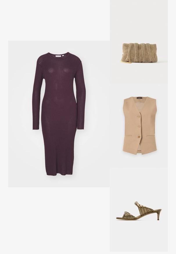 Beige värinen hihaton liivi, jossa on kolme edessä olevaa nappia ja kaksi sivutaskua, valmistettu sileästä kankaasta ja V-kaula-aukolla.; Musta hihallinen ribbed-mekko tummassa purppurassa. Ominaisuuksina tiukka siluetti ja pyöreä pääntie, jossa on aaltoileva reuna hihan hihoissa.; Kultapintaiset liukusandaalit laskostetulla designilla, avoimella varpaalla ja matalalla korolla. Sileä viimeistely, jossa on hieman kiiltoa.; Pieni kultainen verkkoklipsilaukku ryppyisellä designilla ja osittain näkyvällä kultaisella ketjuhihnalla yksinkertaisella valkoisella taustalla.