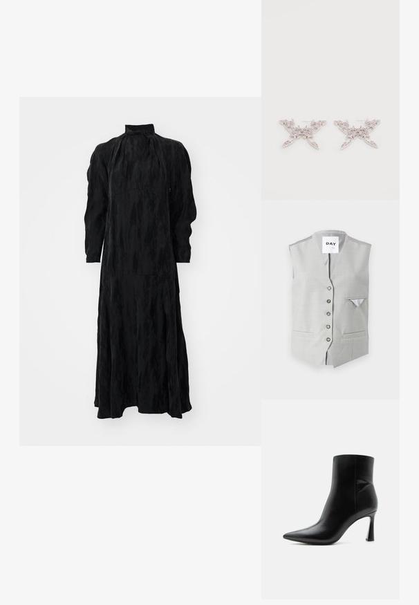 Grijze mouwloze vest gemaakt van gladde stof. Heeft zes knoopsluitingen, twee voorzakken en een kleine borstzak met een contrasterende voering.; Zwarte jurk met lange mouwen en hoge kraag, met een vloeiende silhoeët, gestructureerde stof en onopvallende naden voor een naadloze uitstraling.; Zwarte leren enkellaars met puntige neus en smalle, hoge naaldhak, getoond in zijaanzicht op een witte achtergrond.; Roze kristalgesierde oorbellen met ingewikkelde vormen en metalen accenten. Lichtgewicht ontwerp met een filigranen patroon en stekers achter.