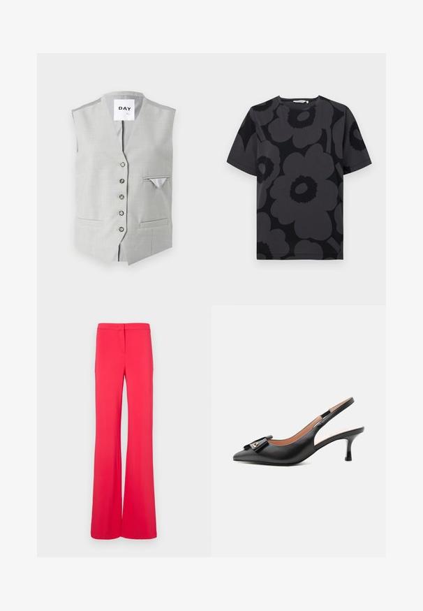 Gilet sans manches gris en tissu lisse. Comprend six boutons de fermeture, deux poches avant et une petite poche sur la poitrine avec une doublure contrastée.; T-shirt gris foncé avec un motif floral dans des nuances de gris et de noir, à manches courtes et à encolure arrondie.; Pantalons larges de couleur rose vif, fabriqués à partir d'un tissu lisse et léger. La taille est dotée d'une fermeture par bouton et d'un design à l'avant plat.; Escarpin slingback en cuir noir à talon kitten, bout pointu et nœud décoratif avec un petit accent doré sur fond blanc uni.