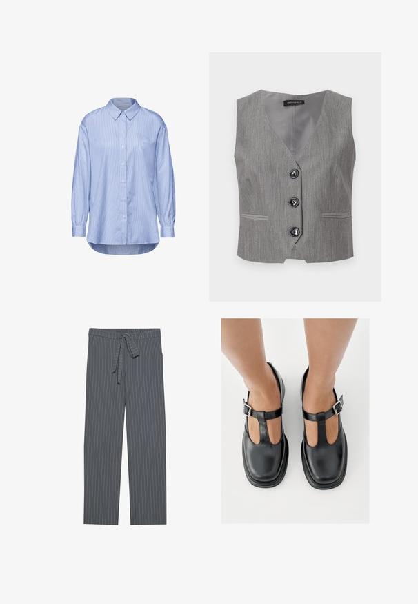 Veste grise sans manches avec col en V, fabriquée en tissu texturé, dotée de trois boutons noirs et de deux poches avant.; Chemise bleu clair à boutons avec un motif à rayures verticales, manches longues avec poignets boutonnés, et un col classique.; Pantalons gris à rayures verticales avec une ceinture élastique, un détail à nouer et une coupe ample. Réalisés dans un tissu lisse, ils présentent des rayures verticales.; Chaussures en cuir noir avec un design à bride en T, bout fermé et accents de boucles argentées. Texture lisse avec un bout arrondi et une semelle plate.