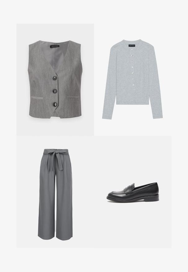 Veste grise sans manches avec col en V, fabriquée en tissu texturé, dotée de trois boutons noirs et de deux poches avant.; Cardigan gris à manches longues en tissu côtelé, présentant un col rond et six boutons frontaux avec une légère brillance.; Pantalon gris à jambes larges taille haute avec plis et ceinture à nouer à la taille.; Mocassins en cuir noir avec une finition lisse, bout arrondi et détail de couture sur les côtés. Présente un petit talon rectangulaire.