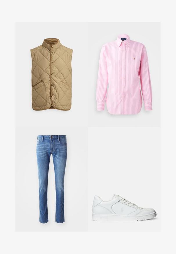Beige quiltet vest med høj krave, frontlukning med trykknapper og to store lommer med diamantmønster. Har kontrastsyning og foer af fløjl.; Lyserød og hvid stribet skjorte med lange ærmer, knap-ned krave og lille broderet logo. Fremstillet af bomuld og har en glat tekstur.; Lysblå denim jeans med lige ben-design, der har traditionelle fem-lomme detaljer og diskret falmning mod knæene.; Hvide lædersneakers med en glat tekstur, der har en perforeret tå, snørebåndslukning og broderet logo på siden. Hvid gummisål.