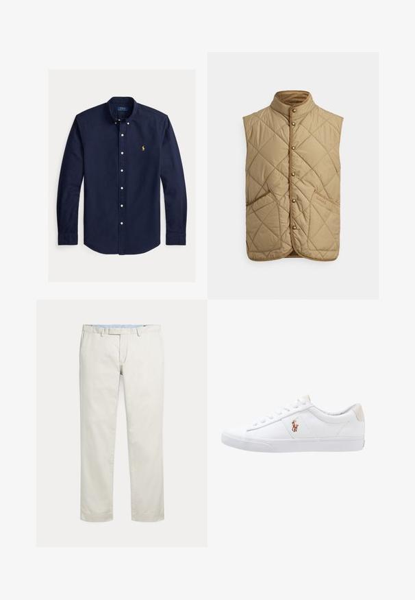 Gewatteerd beige vest met een hoge kraag, drukknoopsluiting aan de voorkant en twee grote zakken met ruitpatroon. Voorzien van contrasterende stiksels en corduroy afwerking.; Marineblauw overhemd met lange mouwen en knopen, een button-down kraag en een klein geel Polo Ralph Lauren-logo op de linkerborst.; Rechte broeken in roomkleur met riemlussen en een verborgen voorsluiting op een effen achtergrond.; Witte canvas sneakers met een laag ontwerp, featuring een beige hieltab en een klein geborduurd logo aan de zijkant. Rubber zool.