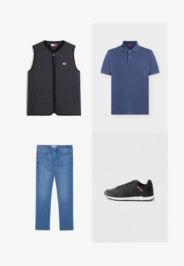 Mouwloos zwart doorgestikt vest met ritssluiting aan de voorkant, twee zijzakken en een klein rood-wit-blauw Tommy Jeans-logo op de borst.; Blauw poloshirt met korte mouwen, kraag, knoopsluiting met twee knopen en klein rood-wit-blauw merkembleem op de linkerborst.; Lichtblauwe spijkerbroek met een rechte pijp, vijf zakken, subtiele vervaging en metalen accenten op de taille en zakken.; Zwarte sportieve schoenen met een soepele synthetische bovenkant, mesh details, ronde neus, vetersluiting en contrasterende witte middenzool accenten.