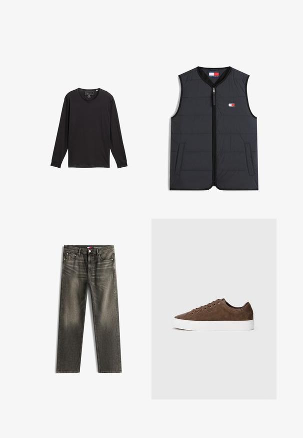 Mouwloos zwart doorgestikt vest met ritssluiting aan de voorkant, twee zijzakken en een klein rood-wit-blauw Tommy Jeans-logo op de borst.; Zwarte langemouwen shirt met ronde hals en geribde manchetten, met een label aan de binnenkant van de kraag.; Grijze denim jeans met rechte pijpen, klassieke vijfzakkenontwerp en metalen knoopsluiting, met subtiele vervaging en Tommy Hilfiger branding.; Bruine suède sneaker met een gladde leren neus, witte rubberen zool en bruine vetersluiting met metallic oogjes. Eenvoudig en minimalistisch ontwerp.