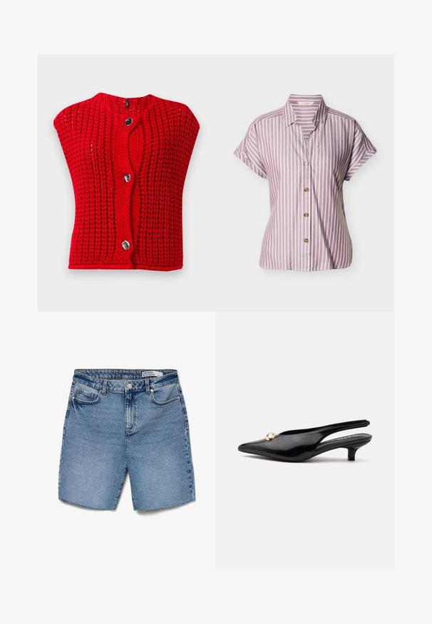 Cárdigan sin mangas de punto grueso rojo con tres grandes botones plateados irregulares en el frente, sobre un fondo gris claro.; Camisa de manga corta con botones, con rayas blancas verticales sobre fondo malva, ajuste relajado y cuello puntiagudo.; Bermudas de mezclilla de color azul claro con cintura alta, cinco bolsillos y corte recto. Presenta un cierre de botón y un ligero deshilachado en el dobladillo.; Zapato negro de charol con tacón bajo tipo kitten, puntera puntiaguda y un pequeño adorno redondo dorado en la parte superior.