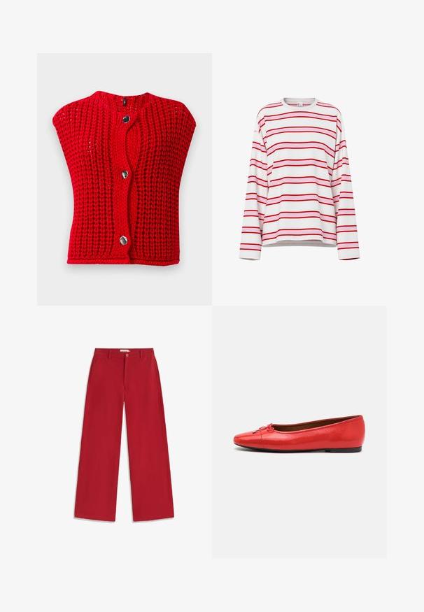 Cardigan sans manches en tricot épais rouge avec trois grands boutons en argent irréguliers sur le devant, sur fond gris clair.; Chemise blanche à manches longues avec des rayures horizontales rouges et rose clair, col rond et coupe décontractée.; Pantalon rouge à jambes larges avec fermeture à bouton et fermeture éclair, passants pour ceinture et poches latérales, présenté à plat sur un fond blanc.; Ballerines en cuir rouge avec un bout arrondi, détail de nœud décoratif et finition lisse ; elles disposent d'un petit talon plat pour un confort au porter.
