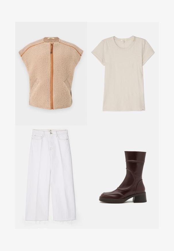 Veste sans manches en polaire beige avec une fermeture éclair à l'avant, des manches courtes style chauve-souris et des poches latérales inclinées. Caractérisée par des accents marron contrastants le long des bords et de la fermeture éclair.; T-shirt beige clair à manches courtes en tissu doux, avec un col rond et une petite étiquette logo en bas à gauche.; FRAME LE JANE WIDE CROP RAW FRAY - Jean boyfriend - au natural clean; MIISTA MALENE - Bottines - brown