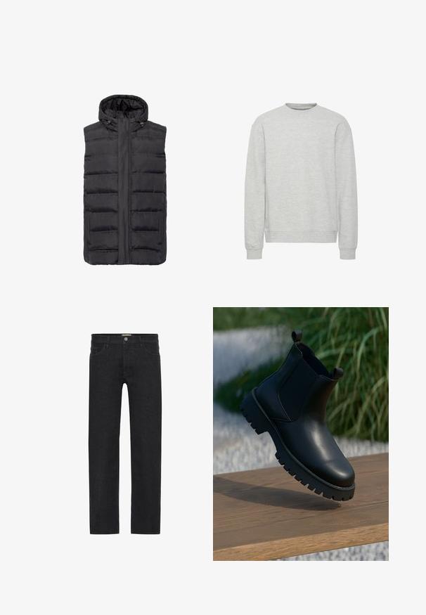 Schwarze gepolsterte Weste mit hohem Kragen, Reißverschluss vorne und zwei Seitentaschen; aus glattem Stoff mit matter Oberfläche gefertigt.; Hellegrauer Sweatshirt mit Rundhalsausschnitt, langen Ärmeln, gerippten Bündchen und Saum, aus weichem, texturiertem Stoff. Einfaches Design, ohne Muster.; Schwarze gerade Jeans aus Denim mit einem Knopfverschluss am Bund, fünf Taschen und einem minimalistischen Design ohne sichtbare Muster.; Schwarze Leder-Ankle-Boots mit elastischen Seiteneinsätzen, runder Zehenpartie und grober Laufsohle, auf einer Holzoberfläche präsentiert.