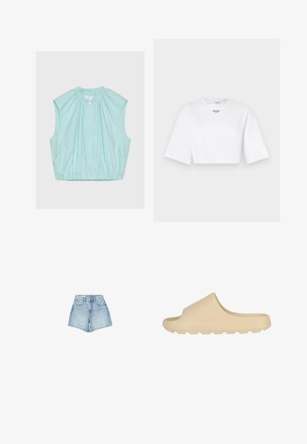 Lyseblå ærmeløs vest med lynlås, elastisk rynket halsudskæring og kant, lagt fladt på hvid baggrund.; Hvid cropped t-shirt lavet af bomuld med brede korte ærmer. Har et lille sort "JOOP! Jeans" logo trykt på fronten.; Lyseblå denimshorts med høj talje, forreste knap, lommer og små mørke pletter over hele stoffet.; Lys beige slide sandal med en glat, mat finish. Har design med åben tå og en tekstureret, rillede sål for godt greb.