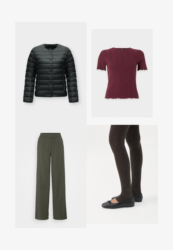 Veste matelassée légère noire avec manches longues, fermeture par boutons-pression et col rond.; Haut en maille bordeaux à manches courtes avec bords festonnés aux manches et à l'ourlet, présentant un col rond et une texture verticale subtile.; Pantalons larges vert olive avec une taille élastique et une texture douce, présentant une coupe décontractée et sans motifs ni embellissements visibles.; Jambes portant des leggings côtelés foncés associés à des ballerines noires avec de petits détails en nœud sur fond blanc.