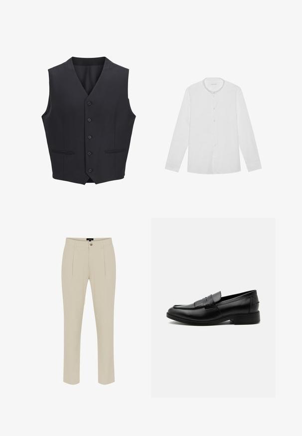 Gilet bleu marine en tissu tissé, avec un col en V, six boutons à l'avant, deux poches étroites et une texture lisse.; Chemise blanche à manches longues avec col montant et une poche poitrine, posée à plat sur un fond uni.; Pantalon beige ajusté avec une texture lisse, doté d'une fermeture à bouton, de plis à l'avant et de jambes fuselées.; Mocassin homme en cuir noir avec détail pompon, bout arrondi, talon bas et finition polie lisse, montré de profil sur fond blanc.