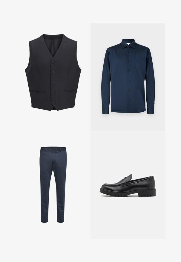 Gilet bleu marine en tissu tissé, avec un col en V, six boutons à l'avant, deux poches étroites et une texture lisse.; Chemise bleu marine à manches longues en tissu lisse, dotée d'un col classique, d'une patte de boutonnage complète et de poignets boutonnés.; Pantalons bleu marine en tissu texturé avec une coupe slim, dotés d'une fermeture à bouton et de passants de ceinture, adaptés à un usage décontracté ou formel.; Mocassins en cuir noir avec un bout arrondi, un design à enfiler et une semelle en caoutchouc épaisse avec une texture antidérapante. Talon surélevé et détails de surpiqûre subtils.
