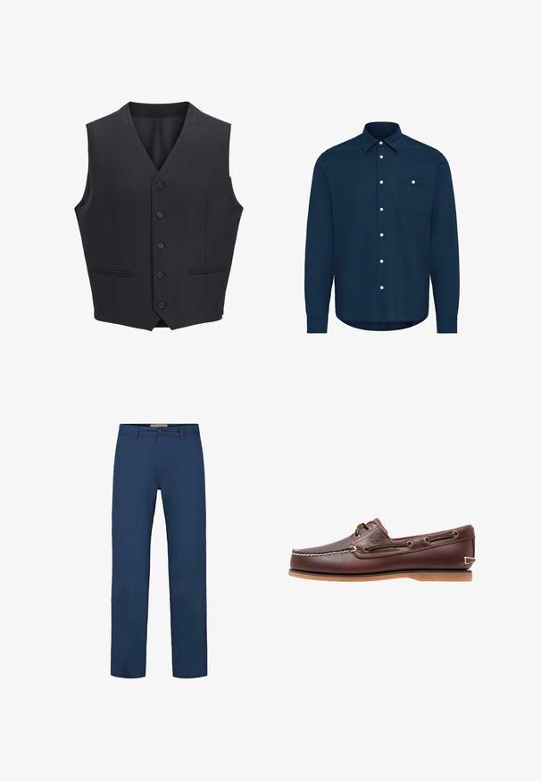 Gilet bleu marine en tissu tissé, avec un col en V, six boutons à l'avant, deux poches étroites et une texture lisse.; Chemise à manches longues bleu marine en coton, avec un devant à boutons, un col pointu et une poche poitrine unique avec un détail de bouton blanc.; Pantalon en coton bleu marine avec une coupe droite, doté d'une fermeture à boutons à l'avant et de poches latérales visibles. Texture lisse.; Chaussure bateau en cuir marron avec coutures blanches, détails de lacets et semelle en caoutchouc beige, vue de côté sur fond blanc.