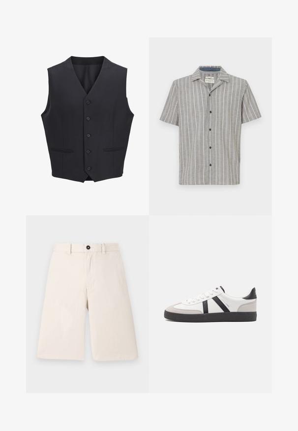 Gilet bleu marine en tissu tissé, avec un col en V, six boutons à l'avant, deux poches étroites et une texture lisse.; Chemise à manches courtes de couleur gris clair avec des rayures verticales blanches. Dispose d'un devant boutoné et d'un col classique. Fabriquée en tissu léger.; Shorts en coton beige au design droit, dotés d'une fermeture par bouton et de passants de ceinture. Texture lisse sans motifs ni accents.; Baskets blanches avec des accents noirs et gris, présentant un embout texturé gris, une semelle en caoutchouc noir et des lacets plats blancs. Design épuré, style minimaliste.
