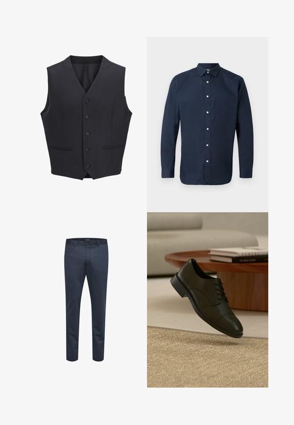 Marineblauwe vest gemaakt van geweven stof, met een V-halslijn, zes knopen aan de voorkant, twee smalle zakken en een gladde textuur.; Navyblauwe longsleeve shirt van glad katoen met een spread collar, een knoopsluiting aan de voorkant en knoopmanchetten. Geen zichtbare patronen.; Marineblauwe broek van textuurstof met een slim fit, voorzien van een knoopsluiting en ceintuurlussen, geschikt voor zowel casual als formele gelegenheden.; Zwarte leren nette schoen met veters die boven een beige gestructureerd tapijt zweeft in een woonkamer met een houten salontafel en boeken.