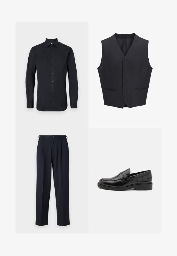 Marineblauwe vest gemaakt van geweven stof, met een V-halslijn, zes knopen aan de voorkant, twee smalle zakken en een gladde textuur.; Zwarte longsleeve shirt van gladde stof, met een klassieke kraag, sluiting aan de voorkant met knopen en knoopmanchetten.; Donkerblauwe op maat gemaakte broek met knoop- en ritsluiting aan de voorkant, riemlussen en zijzakken, getoond op een witte achtergrond.; Zwarte leren instappers met een gladde afwerking, ronde neus, lage hak en decoratieve stiksels aan de voorkant. Rubberen buitenzool voor grip.