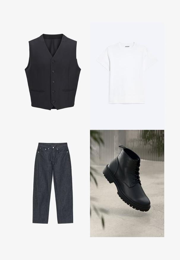Marineblauwe vest gemaakt van geweven stof, met een V-halslijn, zes knopen aan de voorkant, twee smalle zakken en een gladde textuur.; Effen wit T-shirt met korte mouwen en een ronde hals met een "WEEKDAY" label aan de binnenkant van de achterkraag, getoond op een lichte achtergrond.; Donkerblauwe recht gesneden denim jeans met vijfzakkenontwerp en knoopsluiting in de tailleband, plat weergegeven op een witte achtergrond.; Zwarte leren enkelboots met een ronde neus, vetersluiting en robuuste rubberen zool. Gladde textuur met een bevestigingslus aan de achterkant.