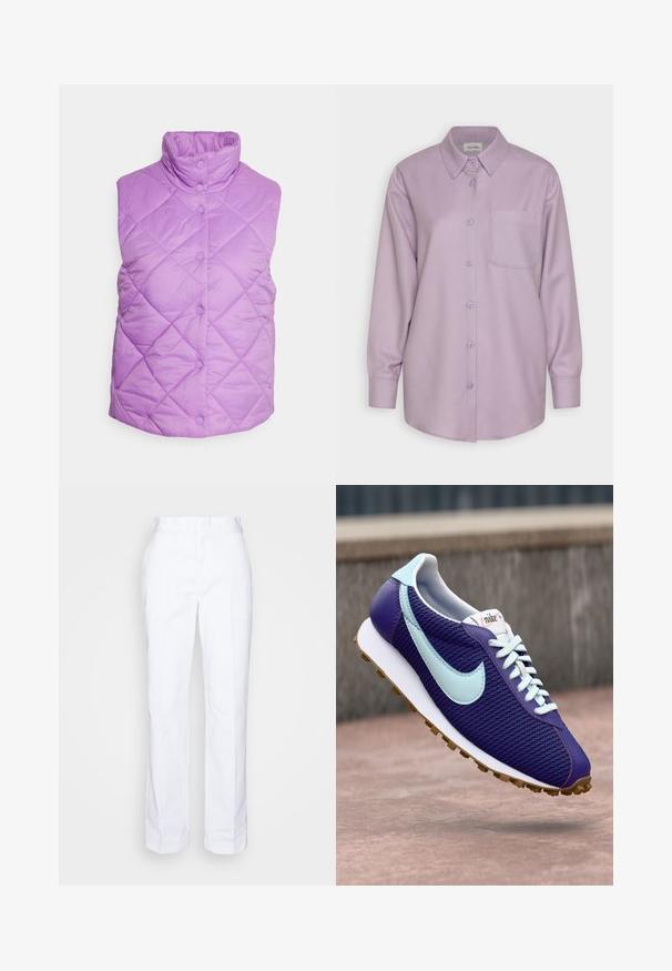 Lindex VEST CINDY - Vest - dusty lilac; Lyslilla langærmet skjorte med knaplukning og krave, en enkelt brystlomme og blød, glat stoftekstur. Knapperne matcher skjortens farve.; Hvide, lige ben bukser lavet af bomuld. Har flad front, bæltesløjfer og ingen synlige lommer. Glat tekstur og minimalistisk design.; Lilla Nike sneakers med lyseblå swoosh, hvide snørebånd og gummisål, der svæver over en betonoverflade udendørs.