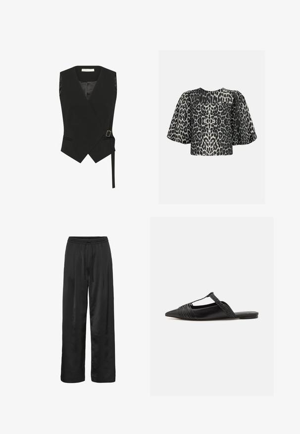 Schwarze ärmellose Weste mit Wickeldesign, tailliertem Schnitt, zwei vorderen Taschen und einer Schnallendetail an der Seite. Glattes Material mit matter Oberfläche.; Kurzarmoberteil im schwarz-weißen Leopardenmuster, mit einer kastigen Form, gerafften Schulterdetails und einer glatten Stofftextur.; Schwarze, weite Hosen aus glattem, glänzendem Stoff. Mit einem elastischen Bund und einer Kordel zur Anpassung der Passform.; Schwarzer Leder-Slingback-Schuh mit spitzem Zehenbereich, ausgestattet mit einem geflochtenen Akzent und einem gefalteten Oberdesign. Flache Sohle mit minimalem Zubehör.