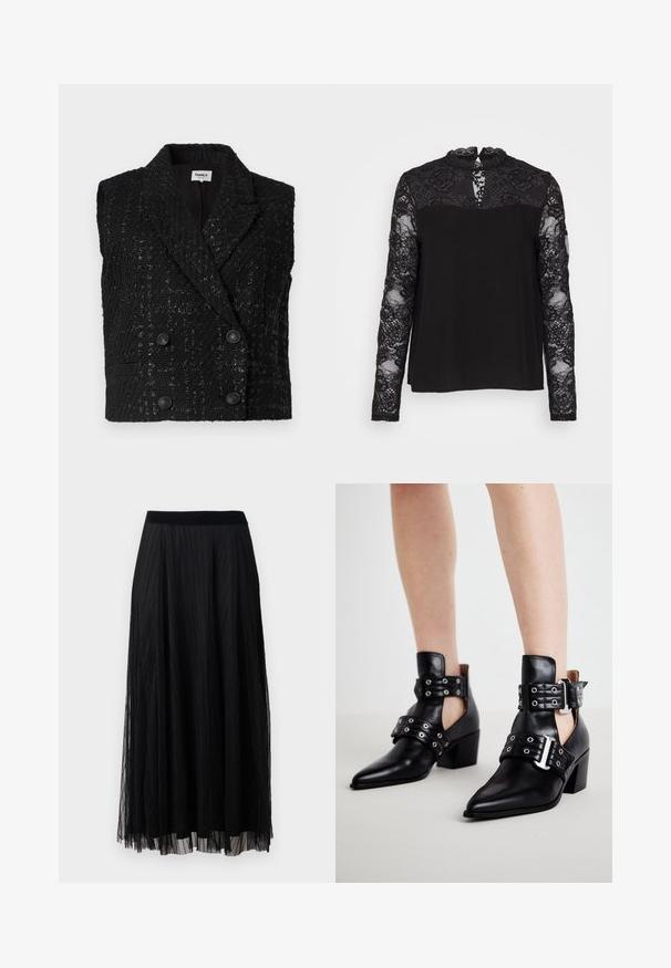 Zwarte textuur dubbele-breasted mouwloze blazer vest met notch- revers en vier decoratieve knopen aan de voorkant.; Vero Moda VMRUSK - Blouse - black; Zwarte geplooide maxi rok met een textuurdesign, featuring een gladde tailleband en gelaagde sheer stof voor een vloeiende silhouet.; Zwarte leren enkellaarzen met spitse neuzen, voorzien van oogjeshardware en twee verstelbare gespbanden. Blokhakken zorgen voor stabiliteit.