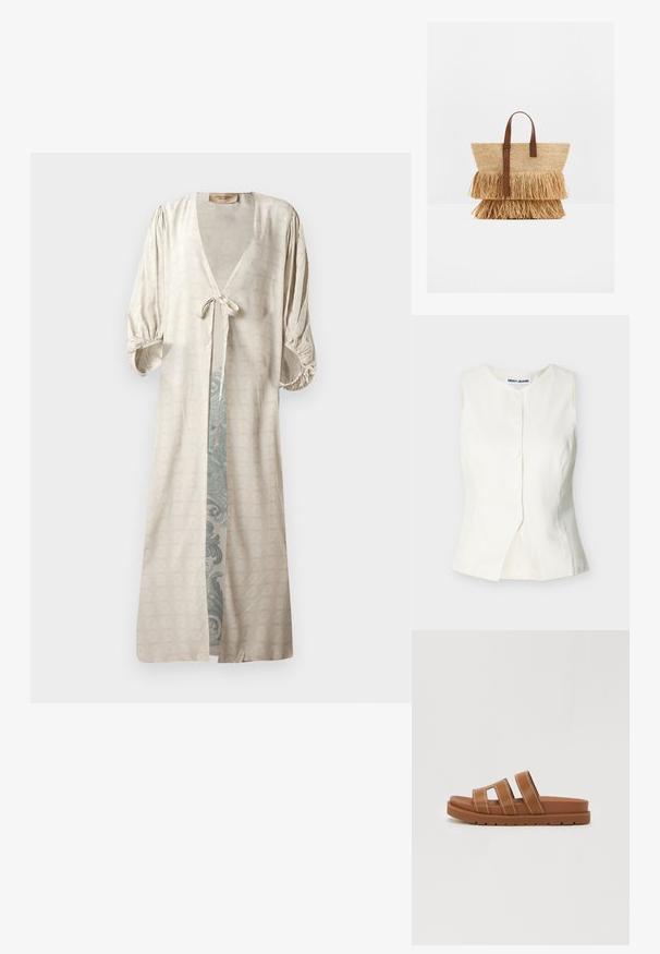 Hvid ærmeløs vest med knapper, rund halsudskæring og diskret frontslids, mærket DKNY JEANS.; Silkefin, creme kimono-stil morgenkåbe med dyb V-udskæring, bælte i taljen og puffede ærmer. Har et prydet, teal mønster indeni.; Brune slidesandal med to brede stropper, struktureret materiale og en tyk gummisole. Har kontrasterende hvid syning og et fladt design.; Flettet stråtaske med to lag stråfringe og brune læderhåndtag, stående oprejst på en hvid overflade.