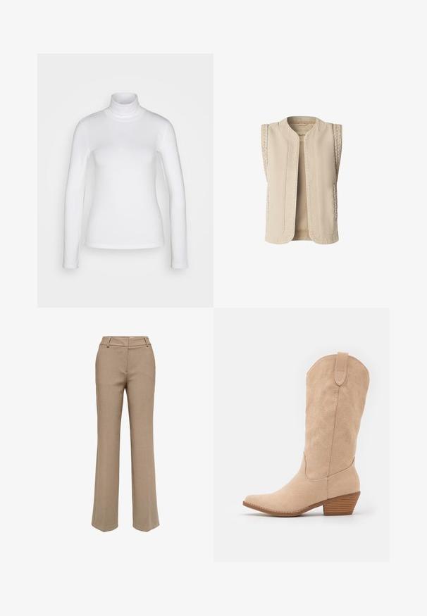 Pepe Jeans SAURA VEST - Vesta - stone beige; Biela dlhá rukáv turtleneck košeľa vyrobená z hladkej, pružnej látky. Má priliehavý strih a vysoký golier. Bez viditeľných vzorov alebo akcentov.; Béžové nohavice rovného strihu s pútkami na opasok a predným zipsom, zobrazené na bielom pozadí.; Bežové semišové kovbojské topánky s špicatou špičkou a jemne textúrovaným siluetom. Obsahujú dekoratívne šitie a nízky stohovaný podpätok.