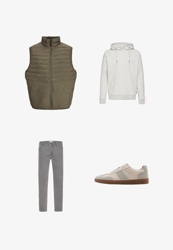 Padded olivgrüwest mit hohem Kragen und durchgehendem Reißverschluss; weist horizontale Nähte und einen elastischen Saum für eine enganliegende Passform auf.; Helle graue Kapuzenjacke aus weichem Stoff, mit Kordelzugkapuze, langen Ärmeln und gerippten Bündchen und Saum. Keine Muster oder Akzente sichtbar.; Graue Denim-Jeans mit geradem Schnitt. Ausstattung umfasst fünf Taschen, Gürtelschlaufen und einen vorderen Knopfverschluss. Glatte Textur, minimalistisches Design.; Beiger Low-Top-Sneaker mit hellgrauen Wildlederakzenten, Schnürung vorne, perforiertem Seitendetail und brauner Gummisohle.