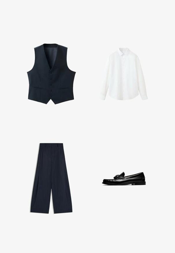 Zwarte formele button-up gilet met V-hals, twee voorzakken met bies en een getailleerde pasvorm, platgelegd op een witte achtergrond.; Wit overhemd met lange mouwen, knopen, kraag en manchetten, plat liggend op een witte achtergrond.; Wijde marineblauwe broek met dunne witte krijtstrepen en een hoge taille, plat gelegd op een witte achtergrond.; Zwarte leren loafer met kwastjes, lage hak en gestikte details, vanaf de zijkant getoond op een witte achtergrond.
