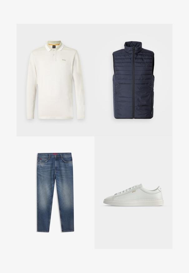 Marineblauer Steppweste mit hohem Kragen, Reißverschluss vorne und horizontalen Nähten. Mit seitlichen Taschen und Logo der Marke auf der Brust. Leichtes Design.; Langärmliges Poloshirt in hellem Creme, aus weichem Baumwollmaterial. Verfügt über einen weißen Kragen, eine Zwei-Knopf-Leiste und ein dezentes Markenlogo auf der Brust.; Blaue Jeans aus Denim mit klassischem Design, versehen mit einem Knopfverschluss, fünf Taschen und dezentem Ausbleichen. Gerade Beinform, mittlere Waschung.; Weißer Leder-Sneaker in niedriger Ausführung mit Schnürsenkeln, flacher Sohle und kleinem goldfarbenem "BOSS" Logo an der Seite, von der Außenseite betrachtet.