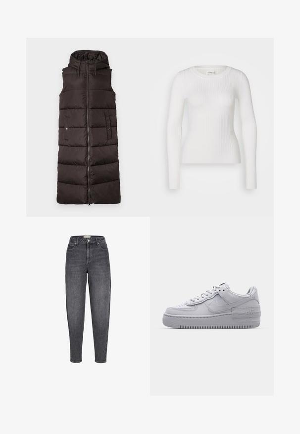 Polstret, ærmeløs dunvest i mørkebrune nuancer, med en frontzipper, to sidelommer og en hætte med snor.; Hvid langærmet ribbet top med en rund halsudskæring. Stoffet er glat og har en subtil tekstur samt en tætsiddende design. Ingen synlige detaljer eller mønstre.; Sortvaskede jeans med høj talje, tilspidset pasform, forlommer, bæltestropper og knaplukning foran.; Grå Nike Air Force 1 sneakers med perforeret tå, glat læderoverdel, tyk sål og præget 'AIR' detalje på hælen.