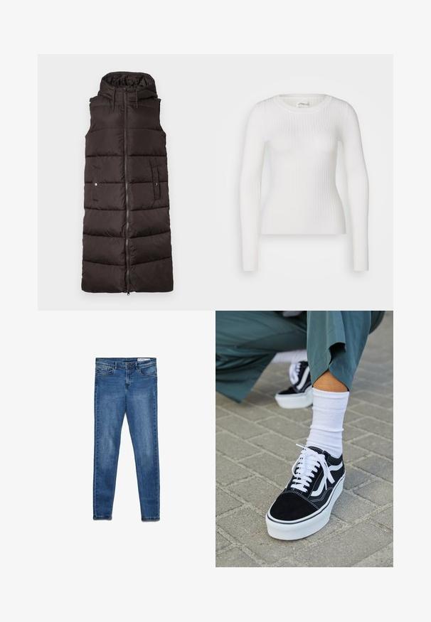 Zateplená, bezrukávová páperová vesta v tmavo hnedé farbe, s predným zipsom, dvoma bočnými vreckami a kapucňou so šnúrkami.; Biely dlhý rukáv ribbed top s okrúhlym výstrihom. Tkanina je hladká, s jemnou textúrou a priliehavým strihom. Žiadne viditeľné kovanie ani vzory.; Tmavomodré džínsové nohavice s klasickým úzkym strihom. Majú päť vreciek, zips na zapínanie a jemné vyblednutie pre textúru.; Čierne semišové tenisky s bielymi akcentmi a šnúrkami, s hrubou bielou podrážkou a kontrastným prešívaním, doplnené o bielu ponožku.