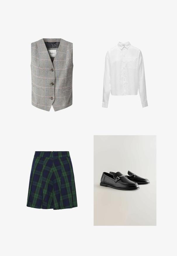 Gråternet vest med V-hals, der har blå og pink striber, tre brune knapper og to sidelommer. Tekstureret stof.; Hvid langærmet skjorte med knapper, krave og brystlomme, afslappet pasform, ensfarvet design og standard manchetter.; Mørkeblå og grøn plisseret nederdel med tartanmønster og lynlåslukning bagpå.; Sorte læder loafers med en glat tekstur, rund tå og sølvfarvet hardware detalje på overdelen. Flade såler for komfort.