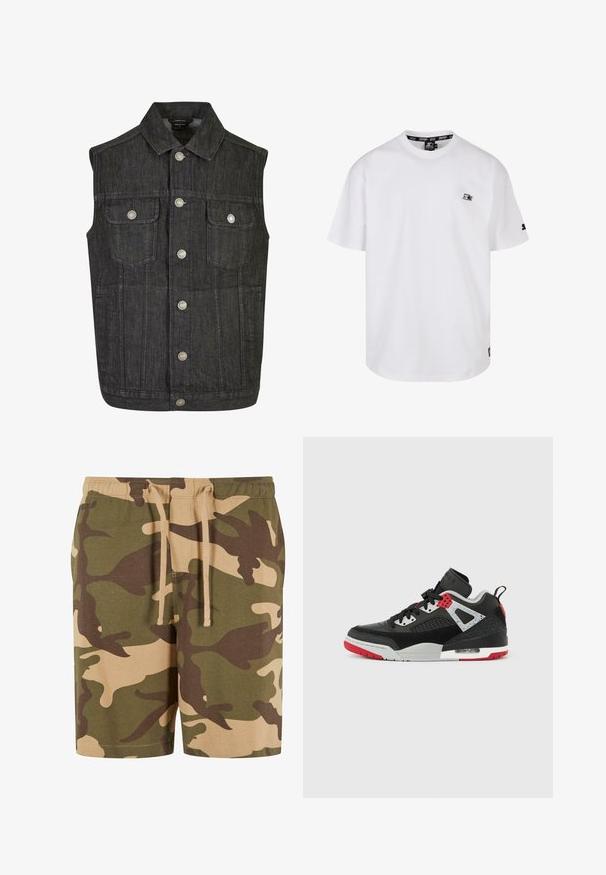 Dunkelblaue, ärmellose Weste mit spitzem Kragen, silbernen Druckknöpfen und zwei Brusttaschen; strukturierter Stoff mit dezenten Stickdetails.; Weißes Baumwoll-T-Shirt mit kurzen Ärmeln, rundem Hals und kleinem schwarzem Logo auf der Brust. Einfaches Design mit regulärer Passform.; Camo-Shorts aus Baumwollmischung mit grünem, braunem und beigem Muster. Verfügt über einen elastischen Taillenbund mit Kordelzug. Lässiger Schnitt und knielange Form.; Schwarzer Sportschuh aus Leder und Mesh mit grauen und roten Akzenten sowie einer sichtbaren Luftpolstereinheit. Verfügt über eine Schnürung vorne und strukturierte Seitenpaneele.