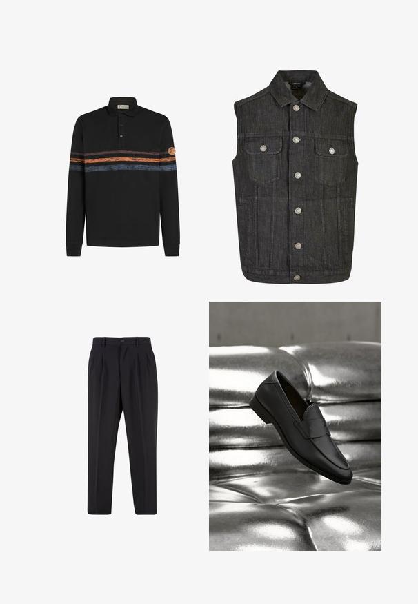Mørk denim udenærmet vest med spids krave, sølv snapknapper og to brystlommer; tekstureret stof med subtile syningsdetaljer.; Sort langærmet polo-shirt med et struktureret horisontalt stribemønster i orange og blå, med et logo-patch på venstre ærme.; Sorte skræddersyede bukser med forreste læg, bæltestropper og knaplukning i taljen.; Sort lædersko uden snørebånd, der svæver over en skinnende sølvfarvet polstret lædersofa i et neutralt miljø.