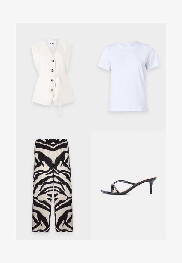 Gilet sans manches blanc avec un décolleté en V profond, quatre boutons, une ceinture à la taille et deux poches avant. Tissu texturé avec un détail de motif subtil.; T-shirt en coton blanc, à manches courtes, design classique à col rond, texture unie sans motifs ni accents, coupe standard, simple et polyvalente.; Pantalons à jambes larges à motifs noir et beige, avec une taille élastique, mettant en valeur un audacieux motif de rayures zèbre dans un tissu lisse.; Sandale à talon en cuir verni noir avec fines lanières croisées et talon aiguille moyen et élancé sur fond blanc.