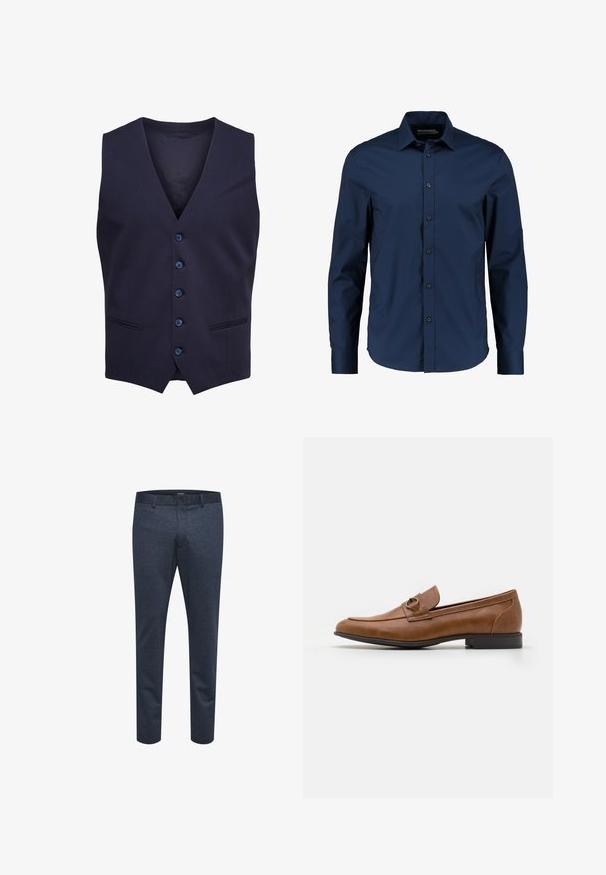 Gilet formel bleu marine avec cinq boutons et deux petites poches devant, sans manches avec un col en V.; Chemise à manches longues bleu marine en tissu lisse, dotée d'un col classique, de boutons sur le devant et d'une coupe ajustée avec un hem arrondi.; Pantalons bleu marine en tissu texturé avec une coupe slim, dotés d'une fermeture à bouton et de passants de ceinture, adaptés à un usage décontracté ou formel.; Mocassins en cuir marron avec un talon plat, ornés d'un accent métallique décoratif à l'avant, au design épuré et à la texture lisse.