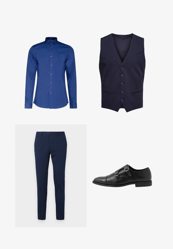Chaleco formal azul marino con cinco botones y dos pequeños bolsillos delanteros, sin mangas con escote en forma de V.; Camisa de manga larga y cuello en tejido azul oscuro con una textura suave, con cierre de botones en la parte delantera y dobladillo redondeado. Brillo sutil en el tejido.; Pantalones de vestir color azul marino con diseño de pierna recta, hechos de un tejido suave. Cuentan con cierre frontal de botón y dos bolsillos laterales.; Zapato de monk strap de cuero negro con dos hebillas plateadas, diseño con puntera, punta redonda y suela de goma de perfil bajo. Textura suave, silueta elegante.